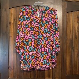 Bold Leopard-Print Blouse in Pink, Orange & Turquoise - Women